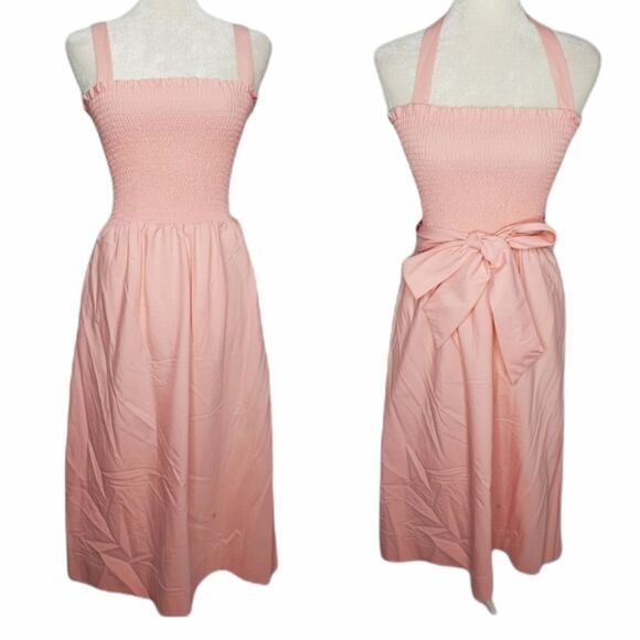 VINTAGE 70s pink dress shirred smocked top convertible midi M - Picture 1 of 14